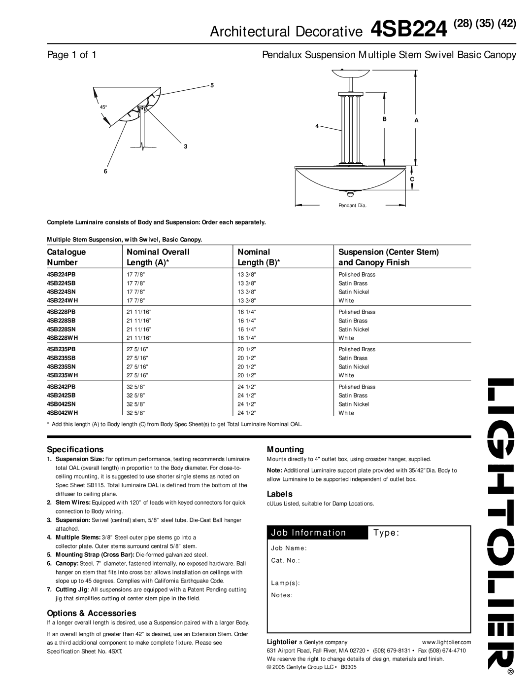 Lightolier specifications Architectural Decorative 4SB224 28 35, Specifications, Options & Accessories, Mounting 