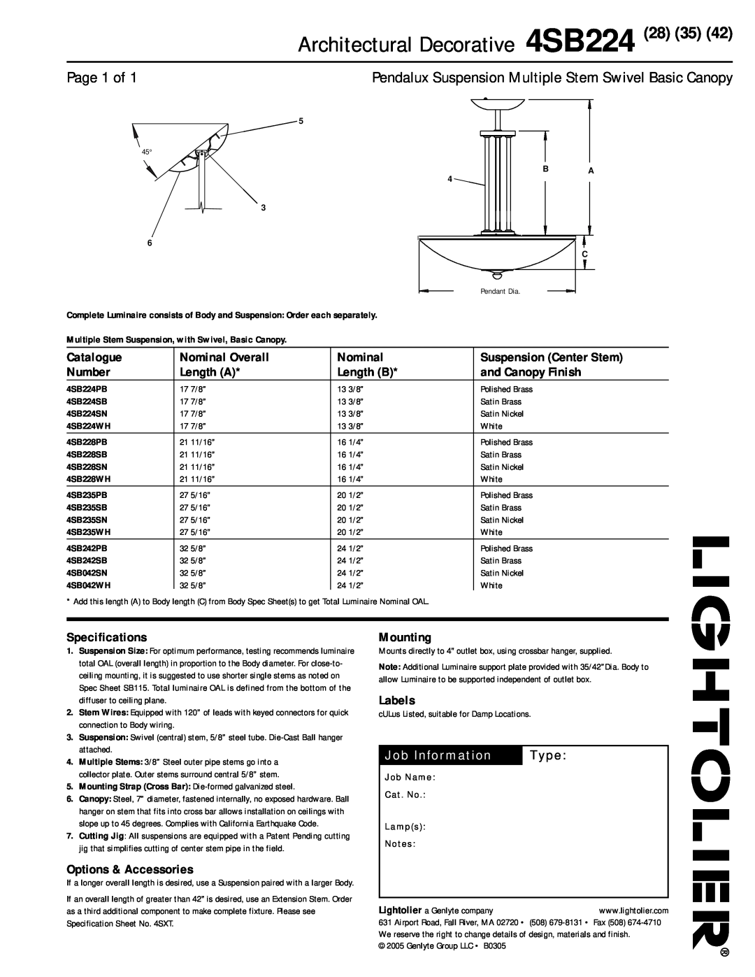 Lightolier specifications Architectural Decorative 4SB224, Page 1 of 