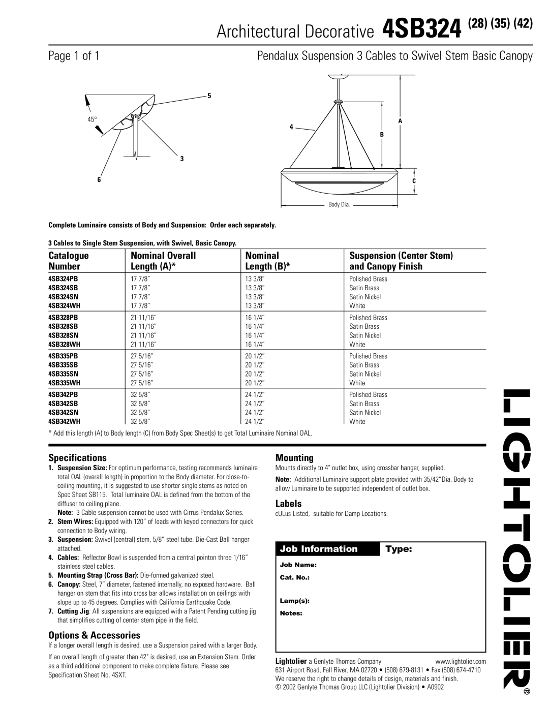 Lightolier 4SB324 specifications Pendalux Suspension 3 Cables to Swivel Stem Basic Canopy, Specifications, Mounting 