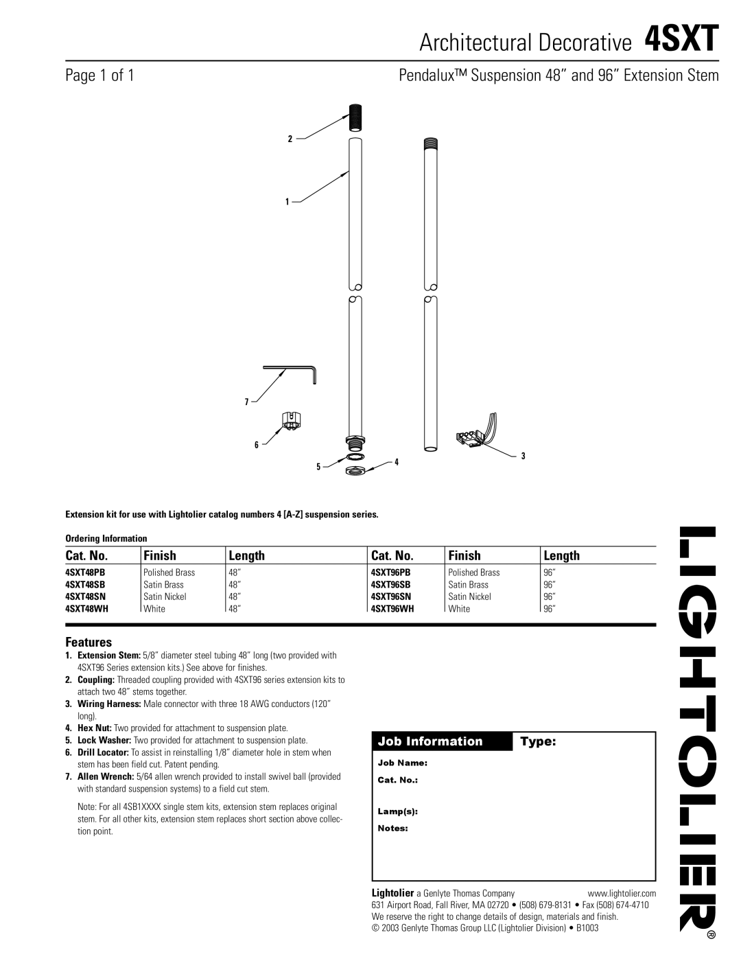 Lightolier manual Architectural Decorative 4SXT, Page 1 of, Pendalux Suspension 48” and 96” Extension Stem, Cat. No 