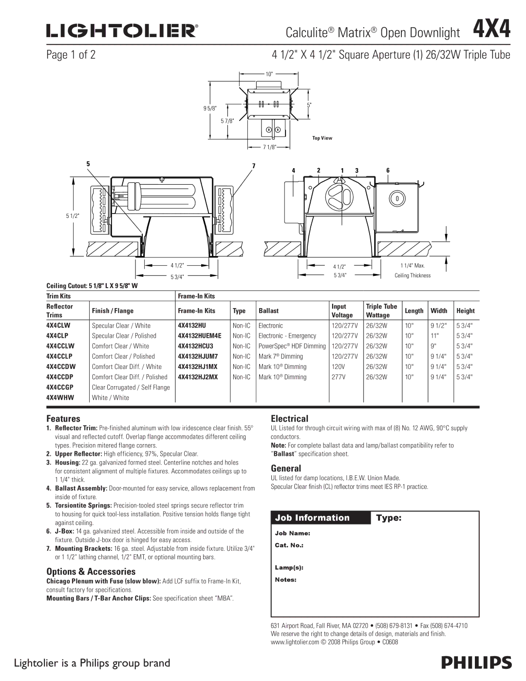 Lightolier 4X4 specifications Features, Options & Accessories, Electrical, General 