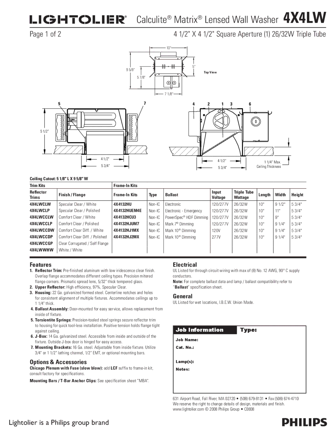 Lightolier specifications Calculite Matrix Lensed Wall Washer 4X4LW, 2 X 4 1/2 Square Aperture 1 26/32W Triple Tube 