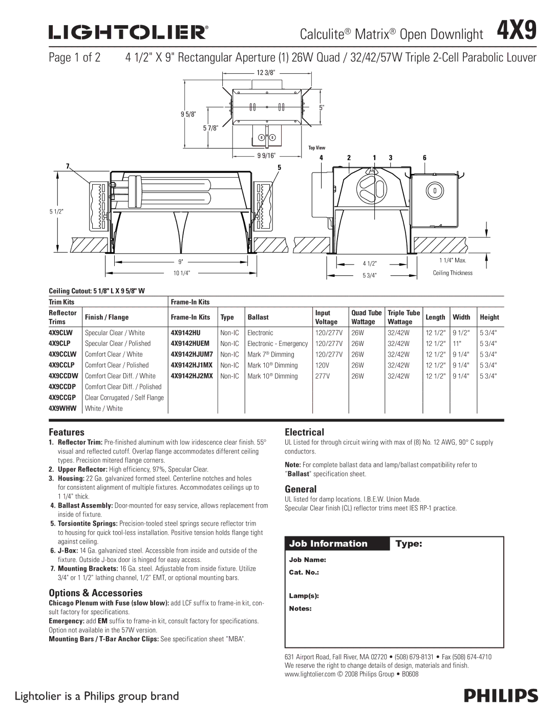 Lightolier 4X9 specifications Features, Options & Accessories, Electrical, General 