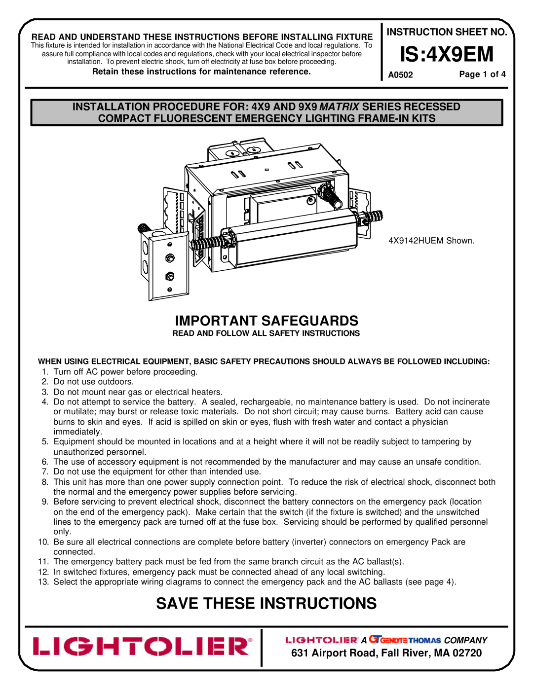 Lightolier instruction sheet IS4X9EM 