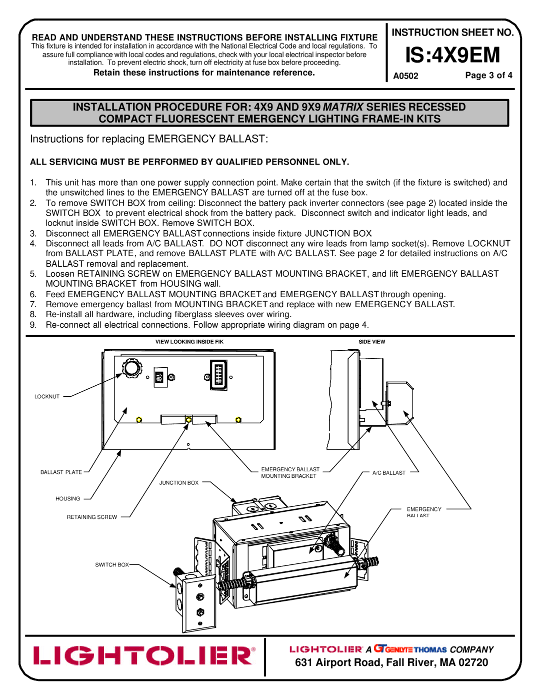 Lightolier 4X9EM instruction sheet Instructions for replacing Emergency Ballast, View Looking Inside FIK, Side View 