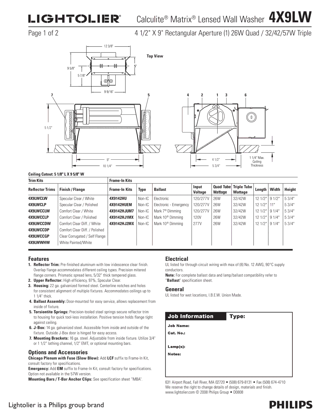 Lightolier specifications Calculite Matrix Lensed Wall Washer 4X9LW 