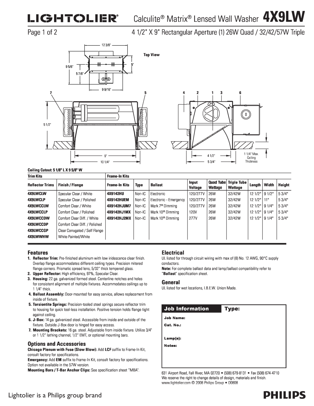 Lightolier specifications Calculite Matrix Lensed Wall Washer 4X9LW, Page 1 of, Lightolier is a Philips group brand 