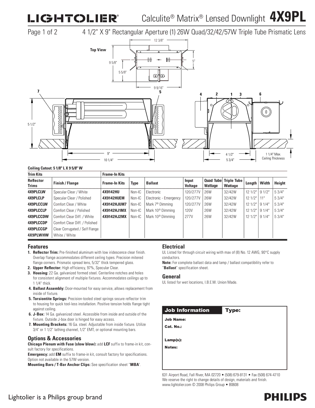 Lightolier 4X9PL specifications Features, Options & Accessories, Electrical, General 