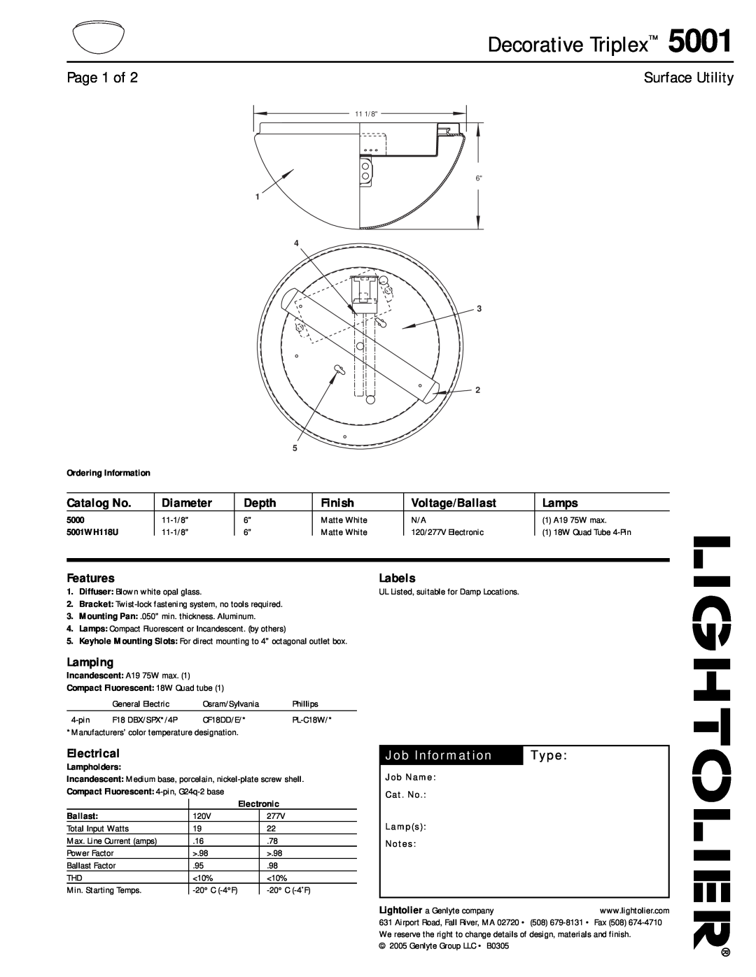 Lightolier 5001 manual Page 1 of, Surface Utility, Decorative Triplex, Catalog No, Diameter, Depth, Finish, Lamps, Labels 