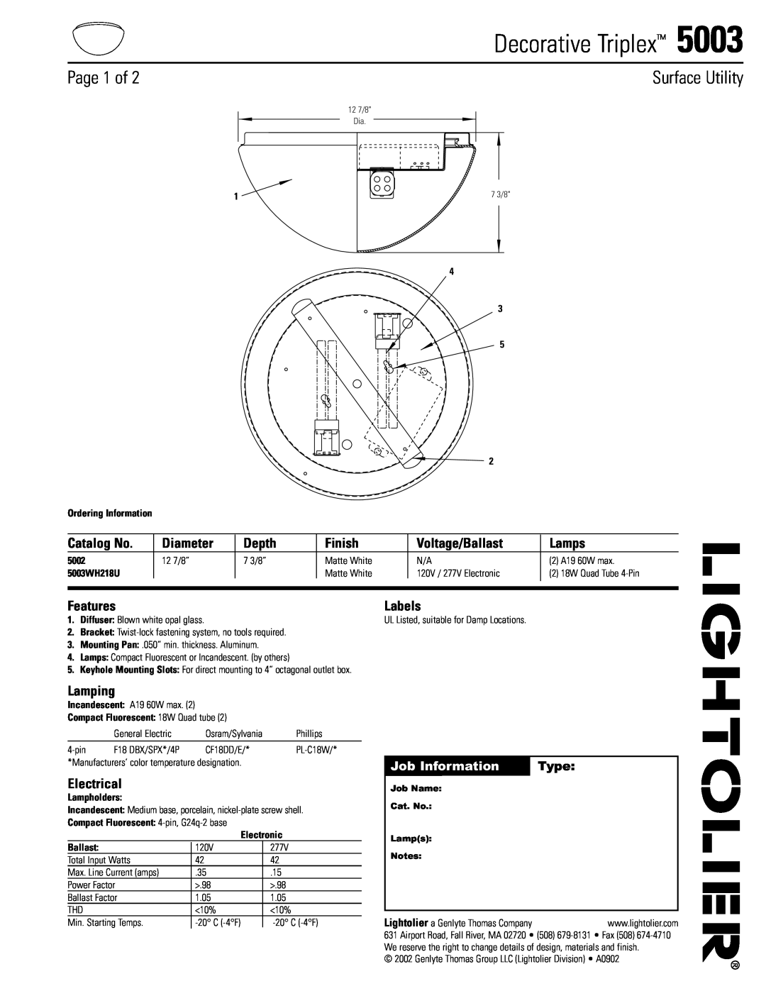 Lightolier 5003 manual Page 1 of, Surface Utility, Job Information, Type, Decorative Triplex, Catalog No, Diameter, Depth 