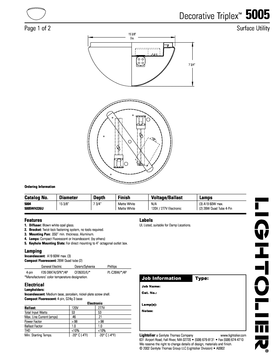 Lightolier 5005 manual Decorative Triplex, Page 1 of, Surface Utility, Catalog No, Diameter, Depth, Finish, Lamps, Labels 