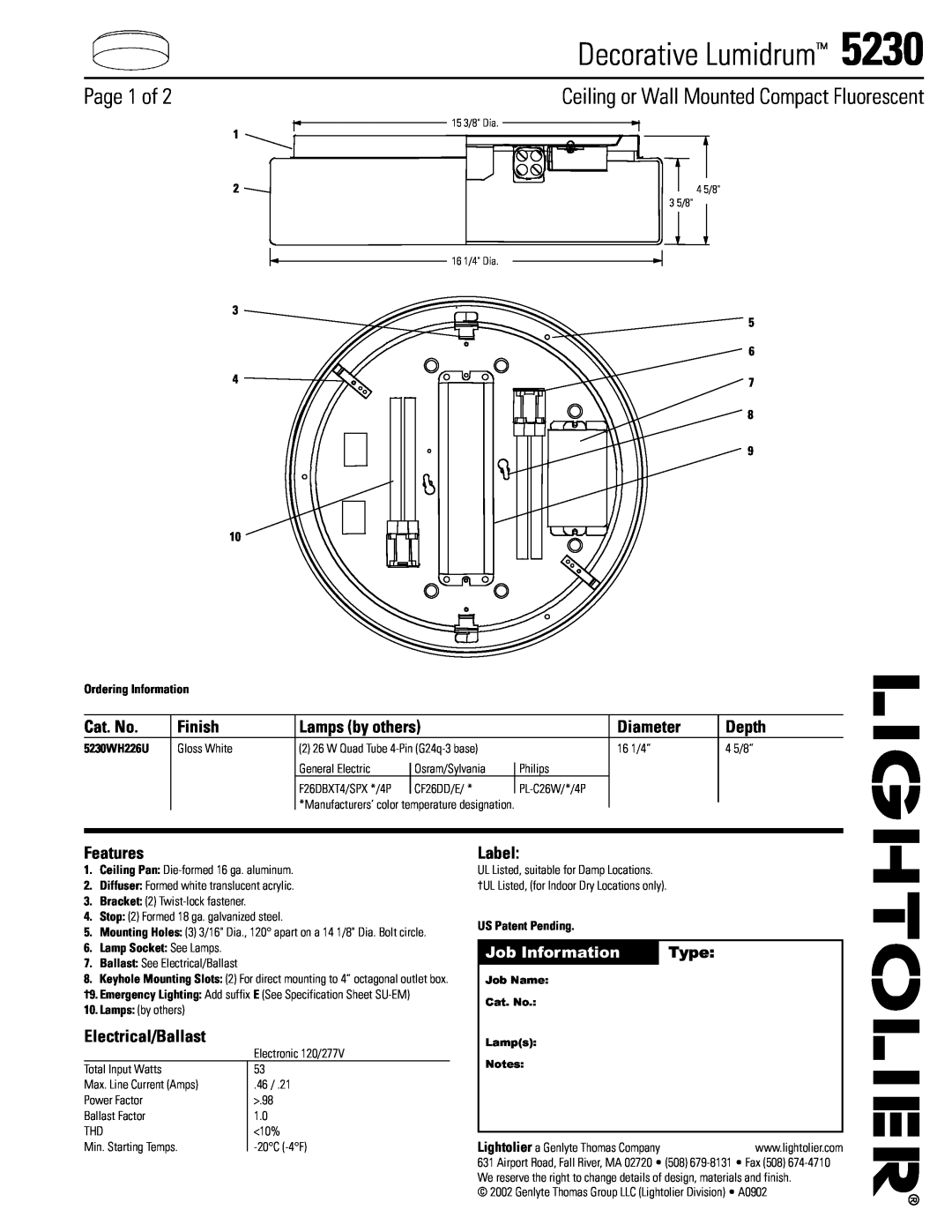 Lightolier 5230 specifications Ceiling or Wall Mounted Compact Fluorescent, Page 1 of, Job Information, Type, 5 6, Cat. No 