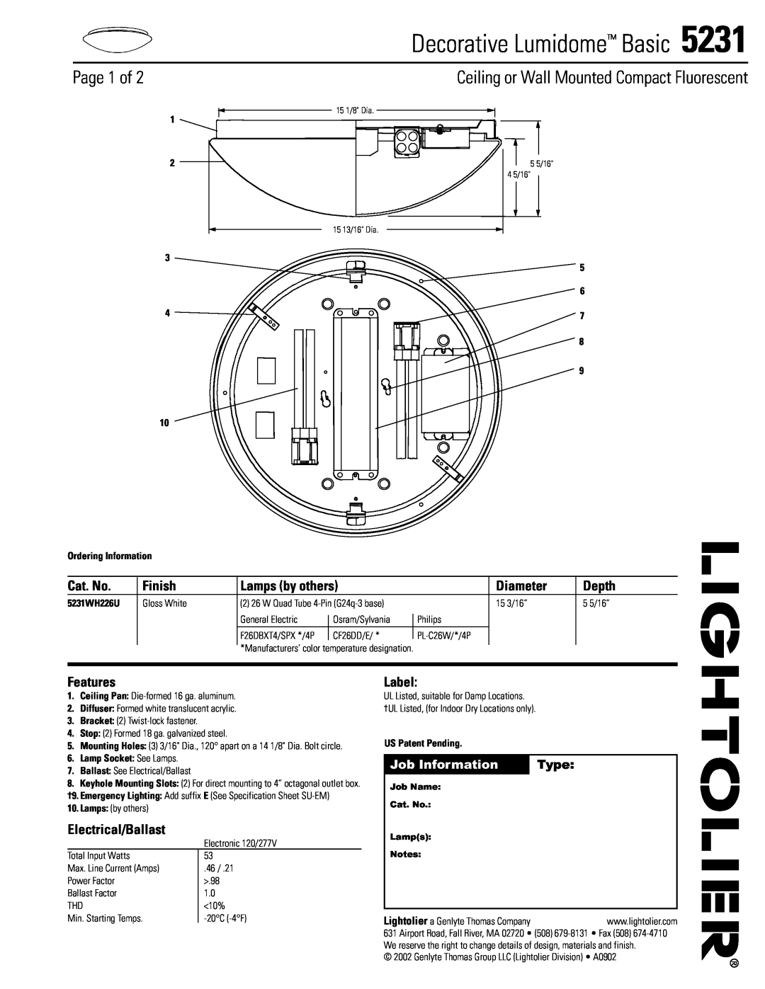 Lightolier 5231 specifications Decorative Lumidome Basic, Page 1 of, Ceiling or Wall Mounted Compact Fluorescent, Type 