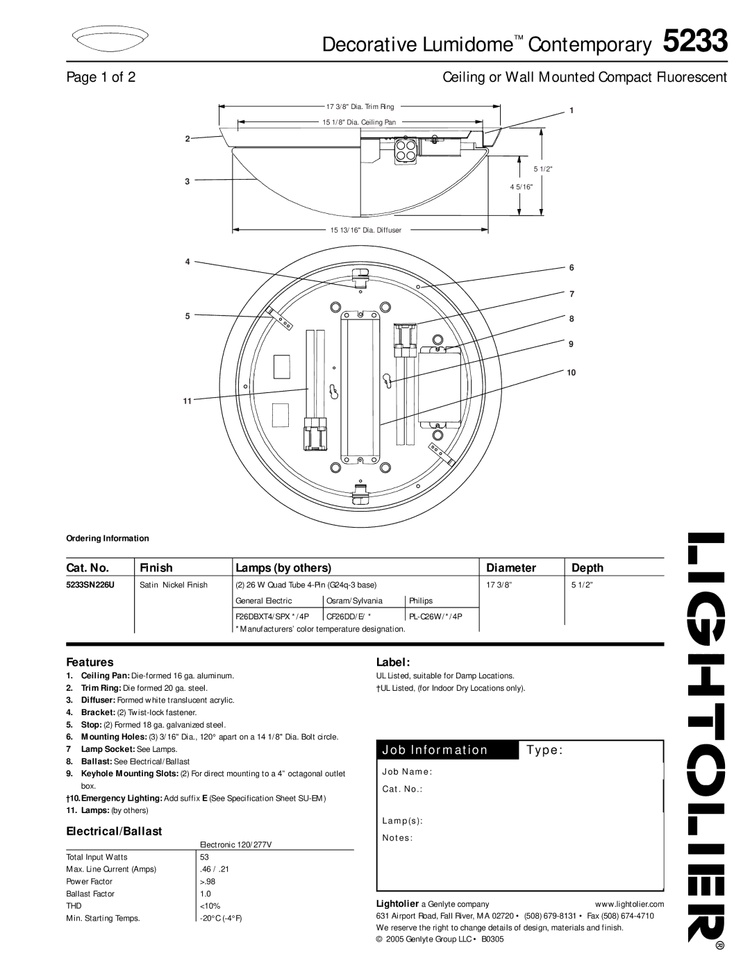 Lightolier 5233 specifications Cat. No Finish Lamps by others Diameter Depth, Features, Electrical/Ballast, Label 