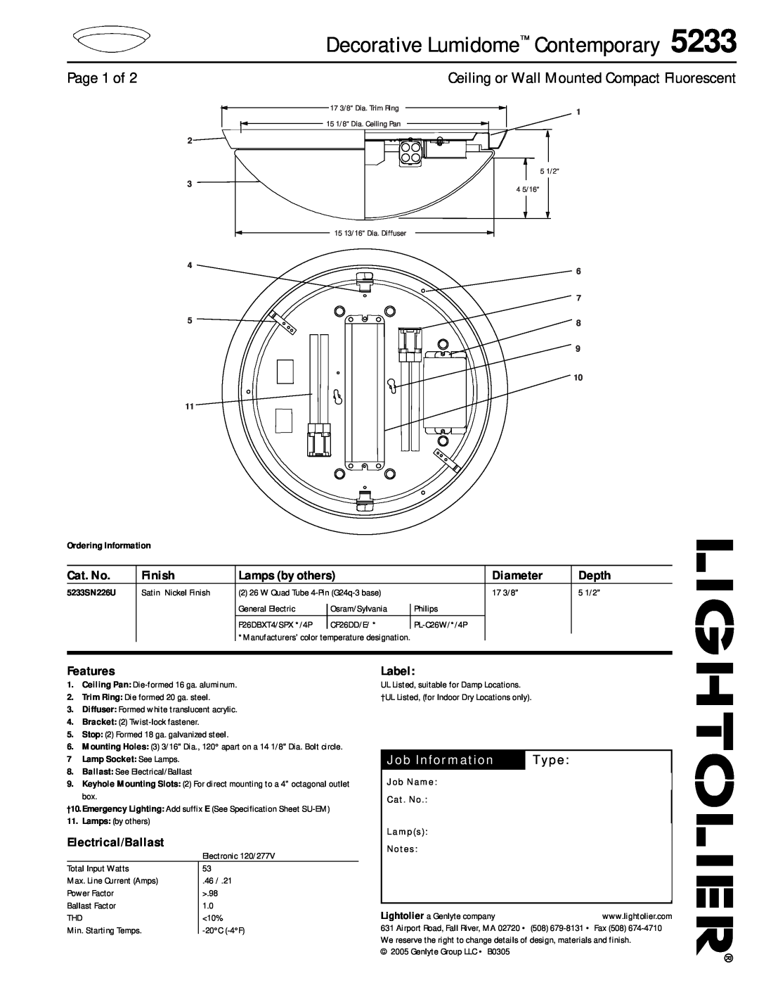 Lightolier 5233 specifications Decorative Lumidome Contemporary, Page 1 of, Ceiling or Wall Mounted Compact Fluorescent 