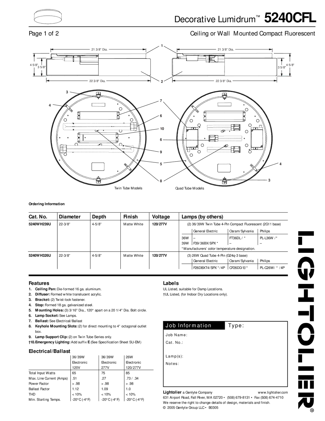 Lightolier 5240CFL specifications Cat. No Diameter Depth Finish Voltage, Features, Electrical/Ballast, Labels 