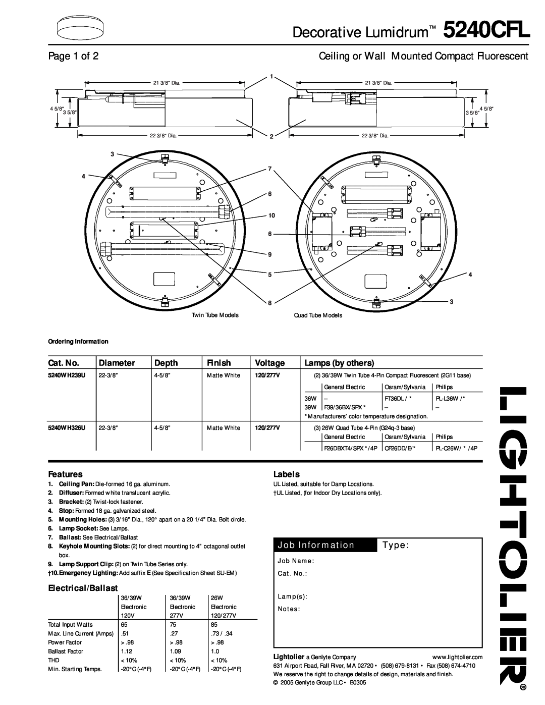 Lightolier specifications Decorative Lumidrum 5240CFL, Page 1 of, Lamps by others, Job Information, Type, 1 2 7 6 