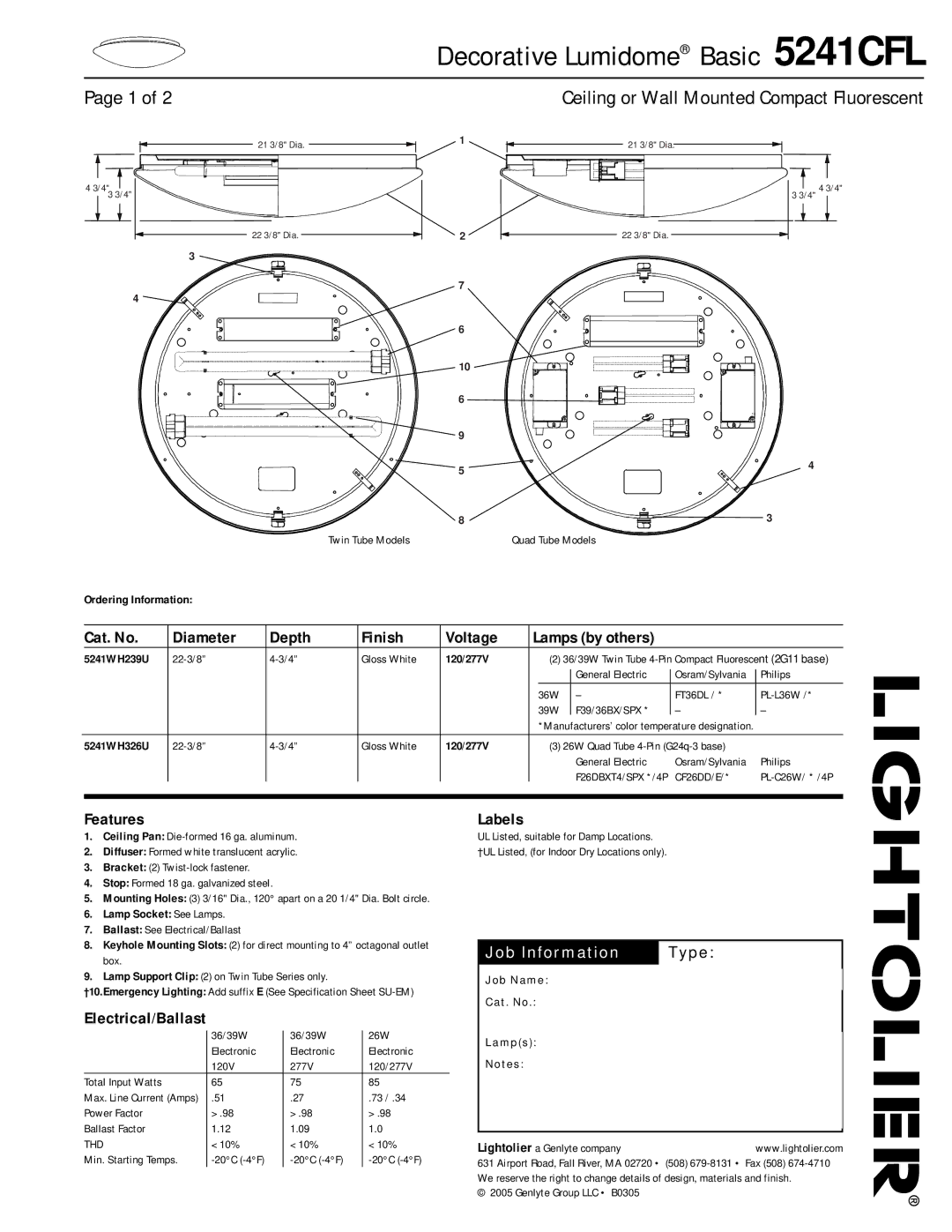 Lightolier 5241CFL specifications Cat. No Diameter Depth Finish Voltage, Features, Electrical/Ballast, Labels 