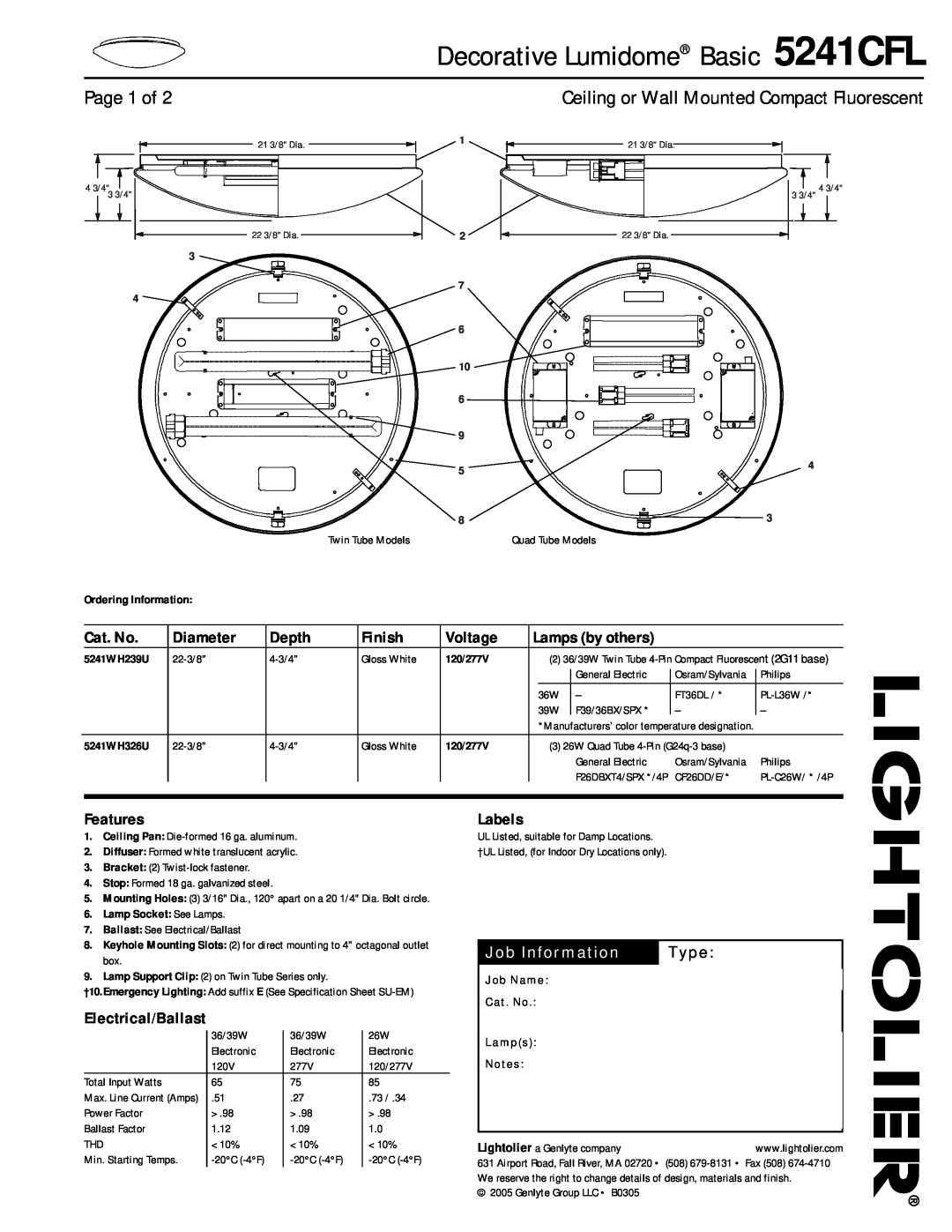 Lightolier specifications Decorative Lumidome Basic 5241CFL, Page 1 of, Ceiling or Wall Mounted Compact Fluorescent 