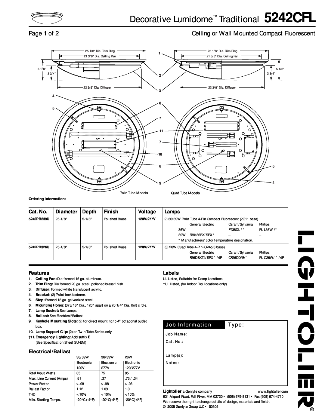 Lightolier specifications Decorative Lumidome Traditional 5242CFL, Page 1 of, Diameter, Job Information, Type, Cat. No 