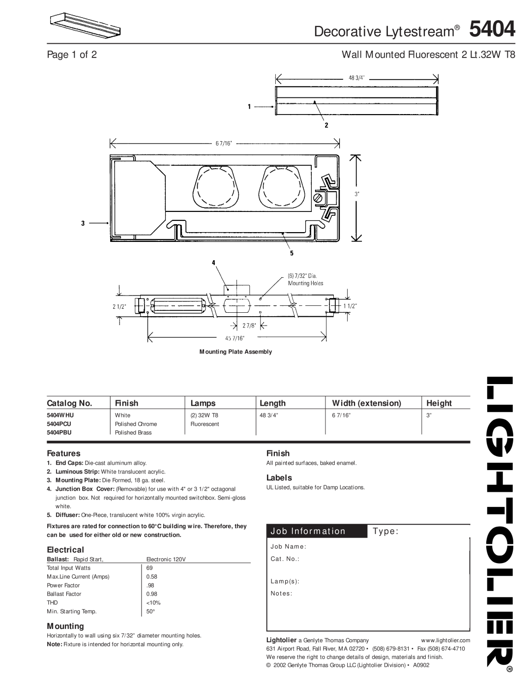Lightolier 5404 manual Decorative Lytestream, Page 1 of, Catalog No, Finish, Lamps, Length, Width extension, Height 