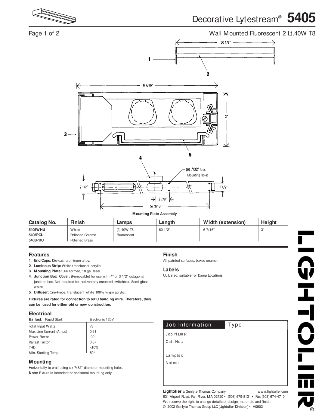 Lightolier 5405 manual Decorative Lytestream, Page 1 of, Catalog No, Finish, Lamps, Length, Width extension, Height 