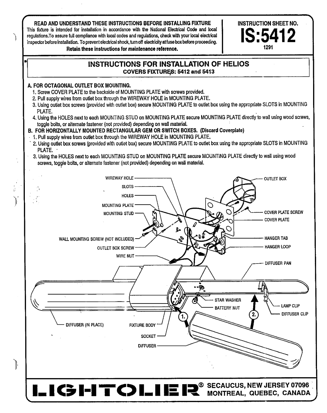 Lightolier 5413 instruction sheet IS5412, Instructions for Installation of Helios, For Octagonal Outlet BOX Mounting 