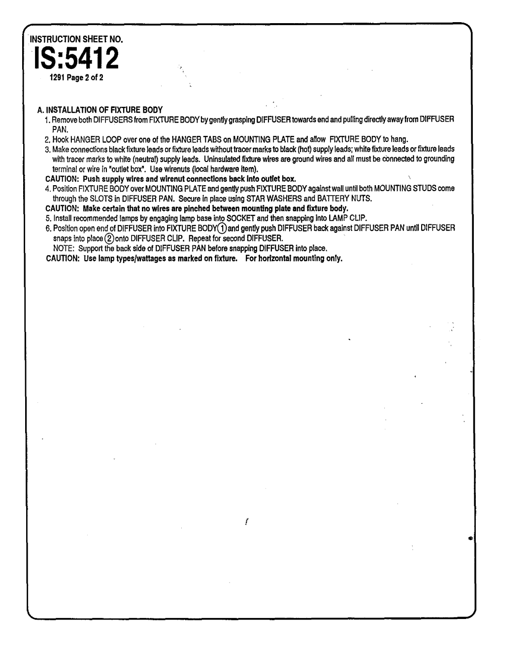 Lightolier 5413 instruction sheet 1S5412, Nstruction Sheet no, Installation of Fixture Body 