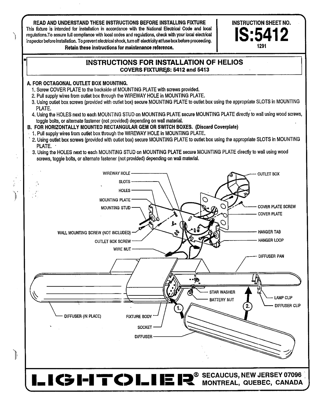 Lightolier 5412, 5413 instruction sheet Is, Instructions For Installation Of Helios 