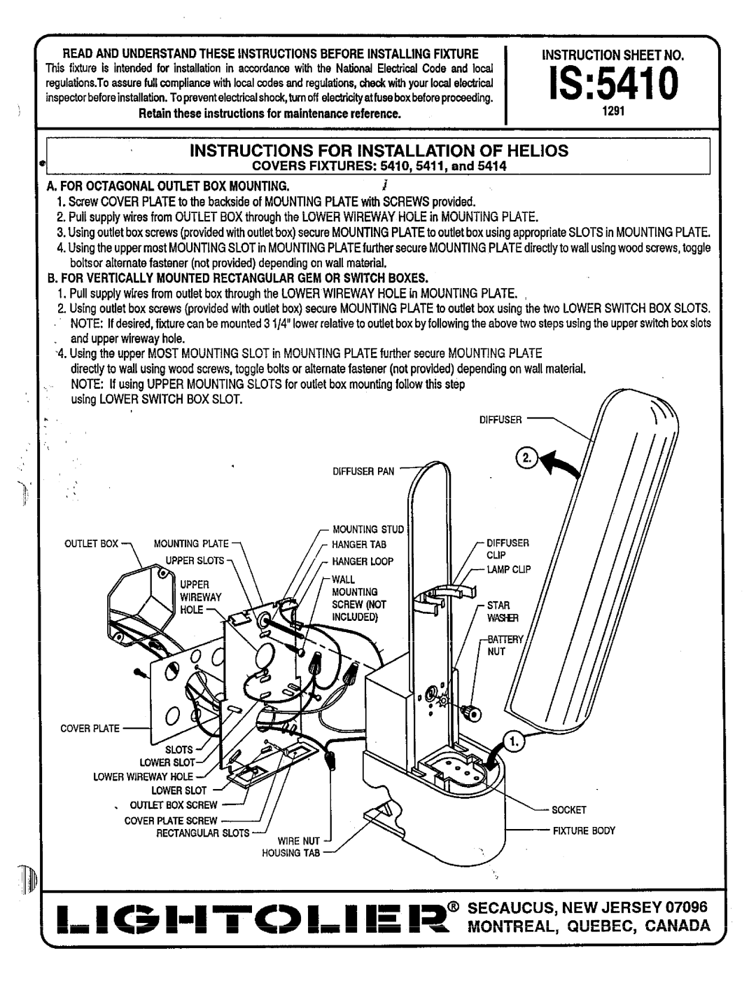 Lightolier 5414 instruction sheet IS5410, Instruction Sheet no, For Vertically Mounted Rectangular GEM or Switch Boxes 