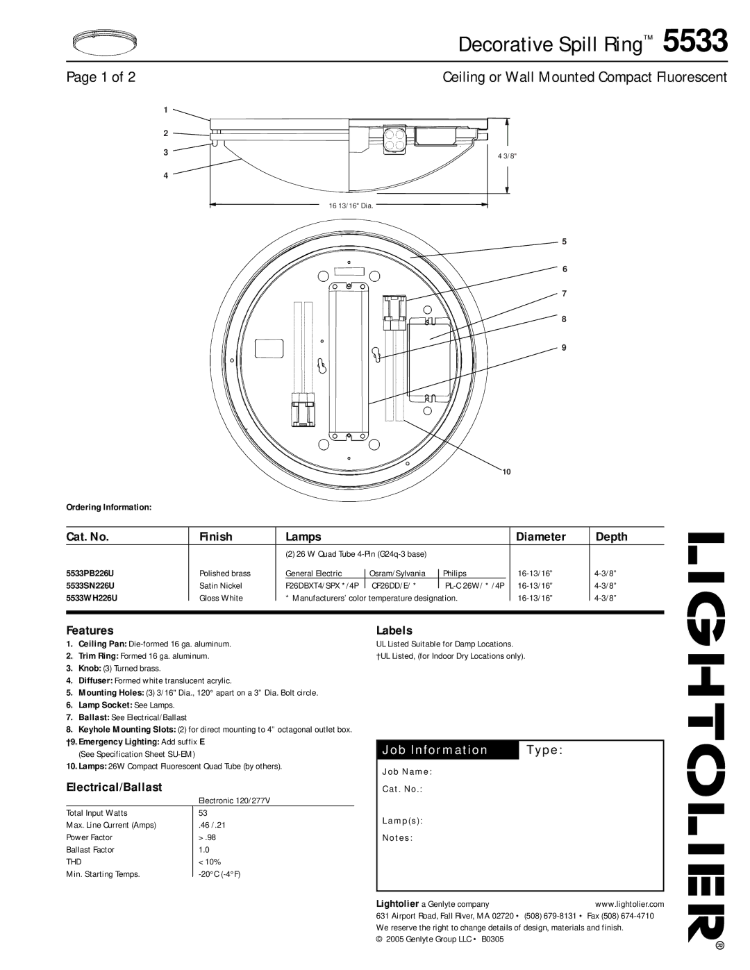 Lightolier 5533 specifications Cat. No Finish Lamps Diameter Depth, Features, Electrical/Ballast, Labels, Thd 