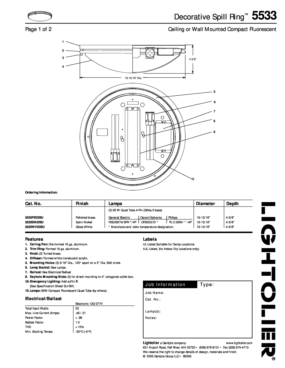 Lightolier specifications Decorative Spill Ring, Page 1 of, Job Information, Type, Ordering Information, 5533PB226U 