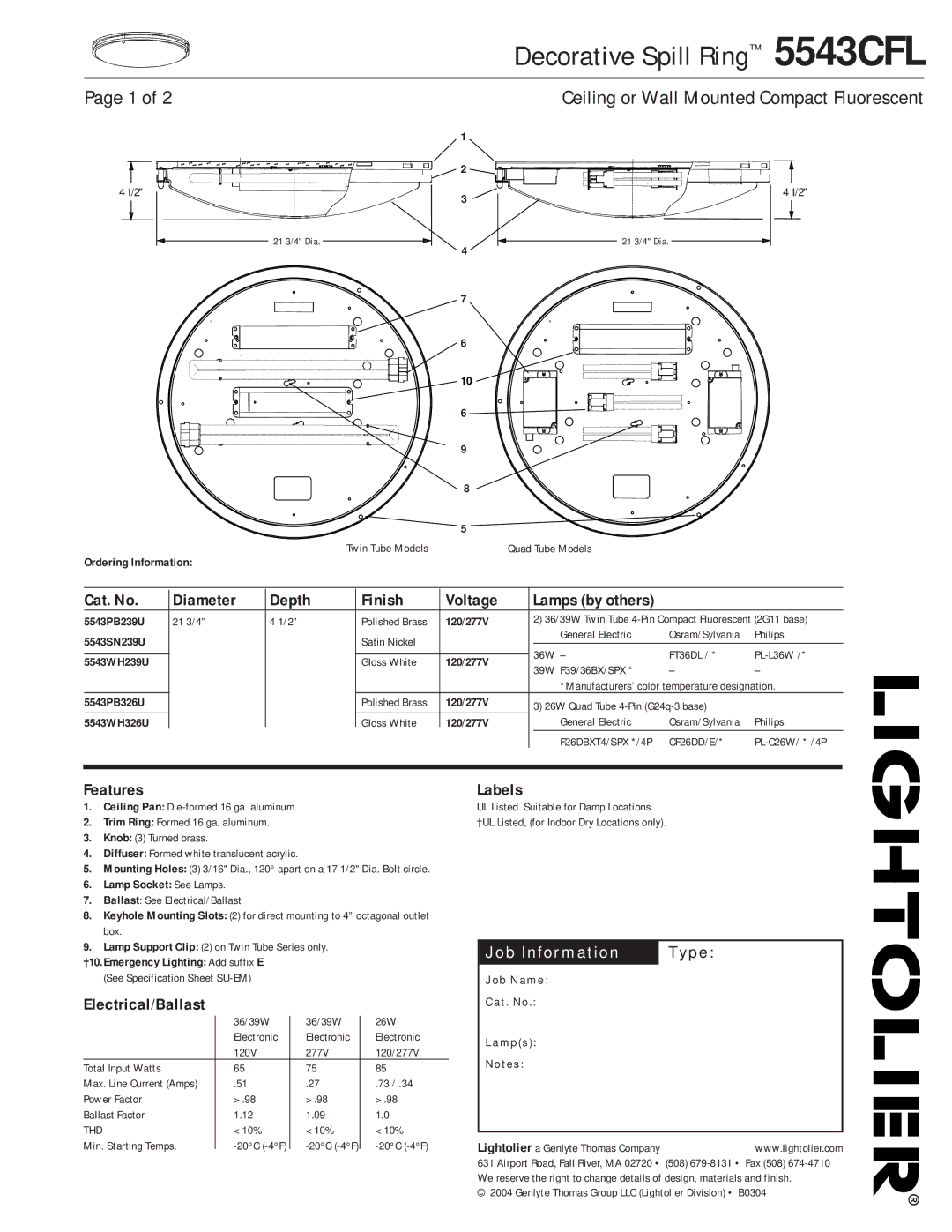 Lightolier 5543CFL specifications Cat. No Diameter Depth Finish Voltage, Features, Electrical/Ballast, Labels 