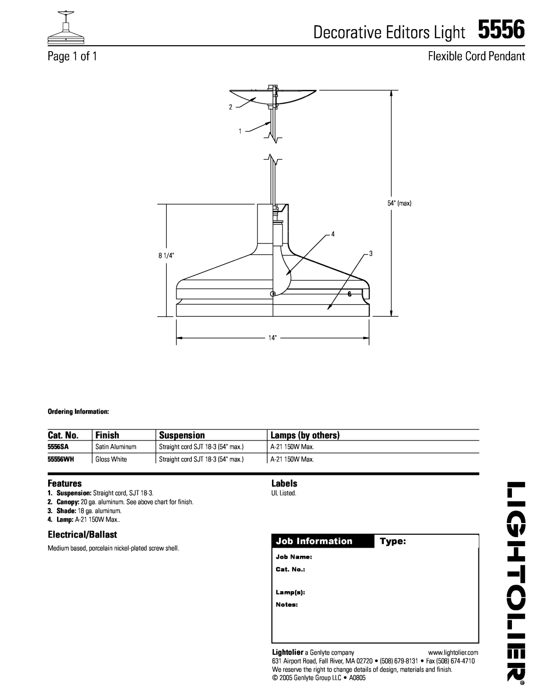 Lightolier 5556 manual Decorative Editors Light, Page 1 of, Flexible Cord Pendant, Cat. No, Finish, Suspension, Features 