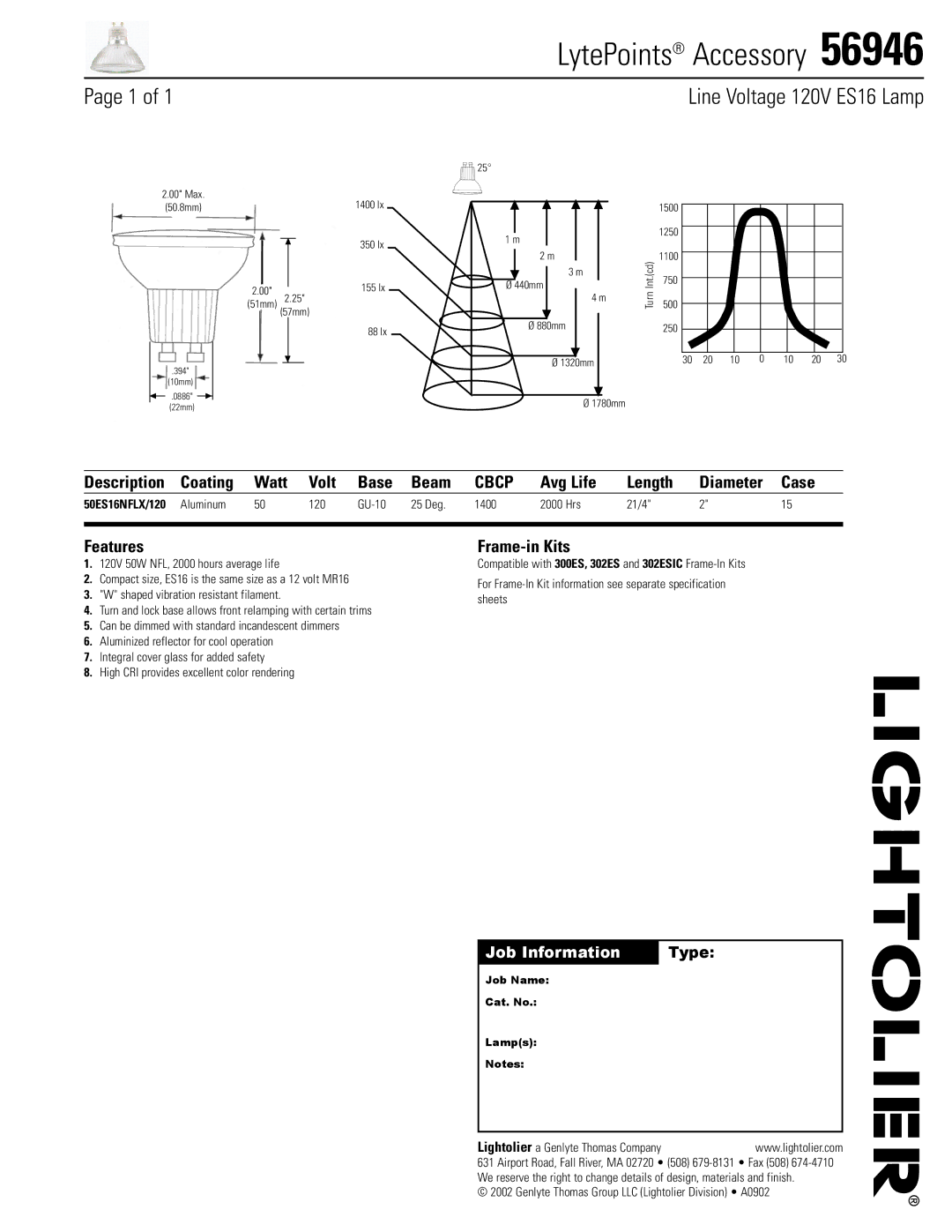 Lightolier 56946 specifications LytePoints Accessory, Line Voltage 120V ES16 Lamp, Cbcp 