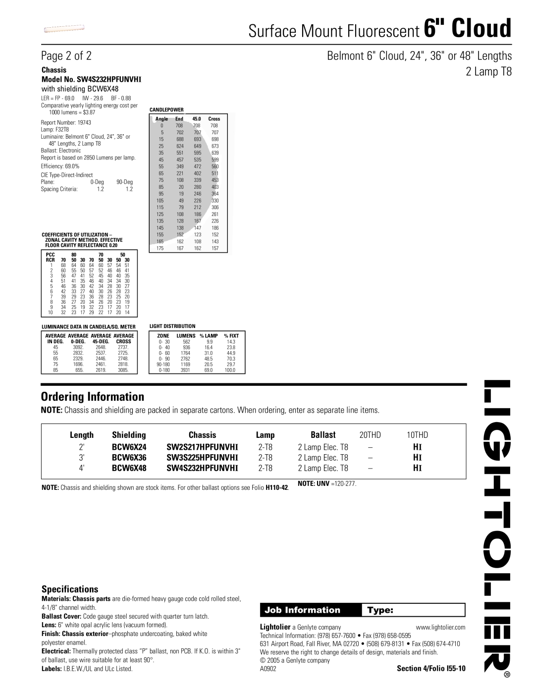 Lightolier 6" Cloud Page 2 of, Specifications, Shielding, BCW6X24, BCW6X36, BCW6X48, Chassis, Ordering Information, Type 