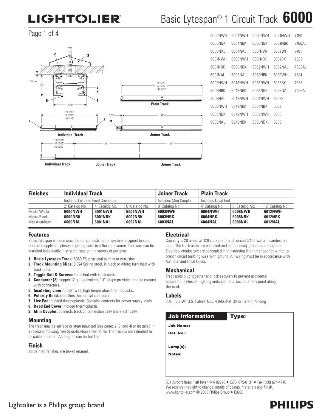 Lightolier 6000 specifications Finishes Individual Track Joiner Track, Features, Mounting, Electrical, Mechanical, Labels 