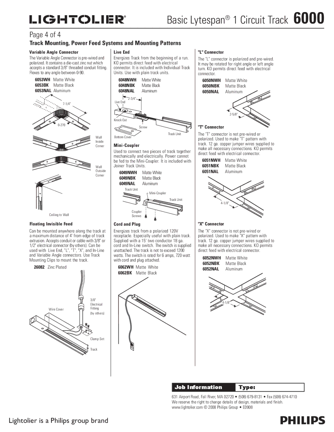 Lightolier 6000 specifications Track Mounting, Power Feed Systems and Mounting Patterns 