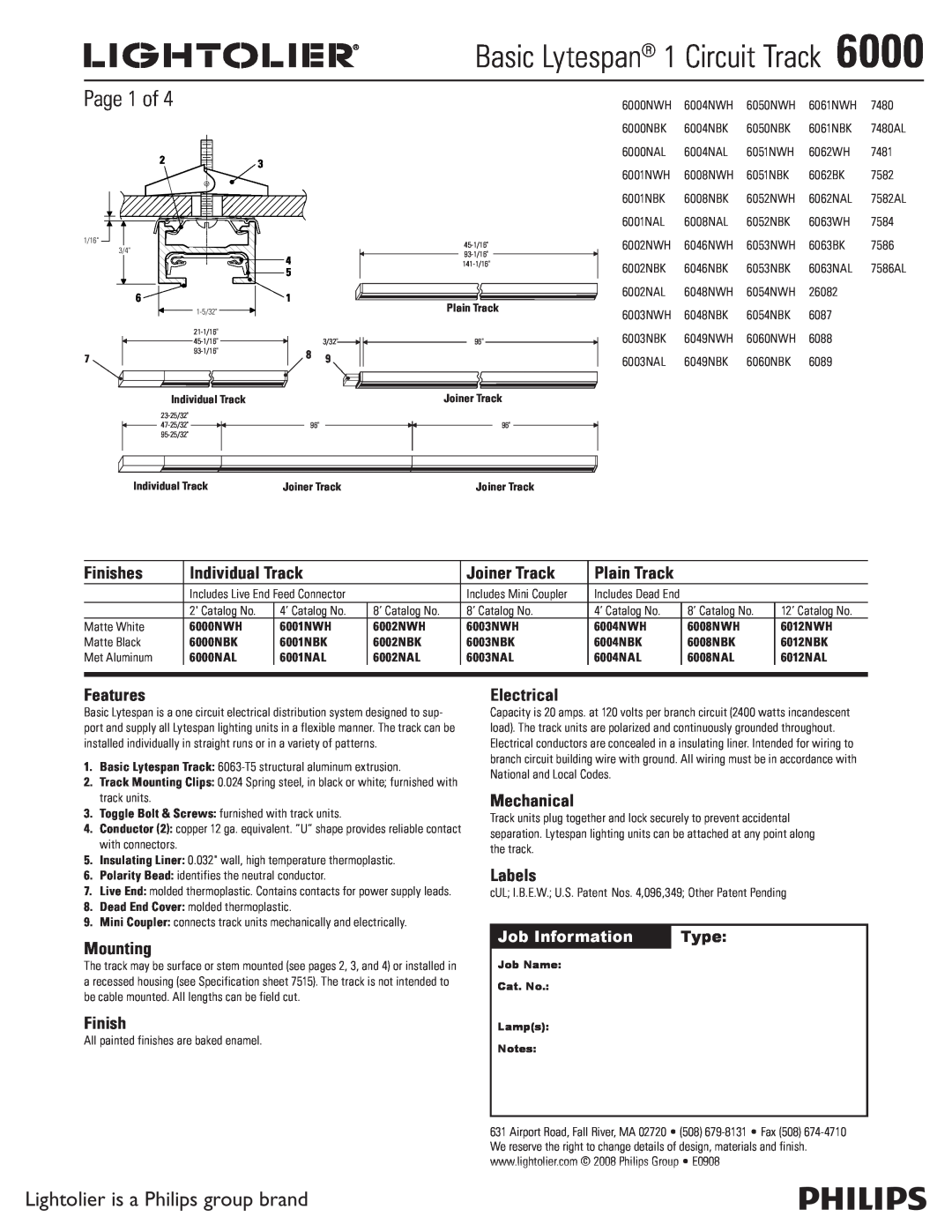 Lightolier 6000 specifications Page 1 of, Lightolier is a Philips group brand, Finishes, Individual Track, Joiner Track 