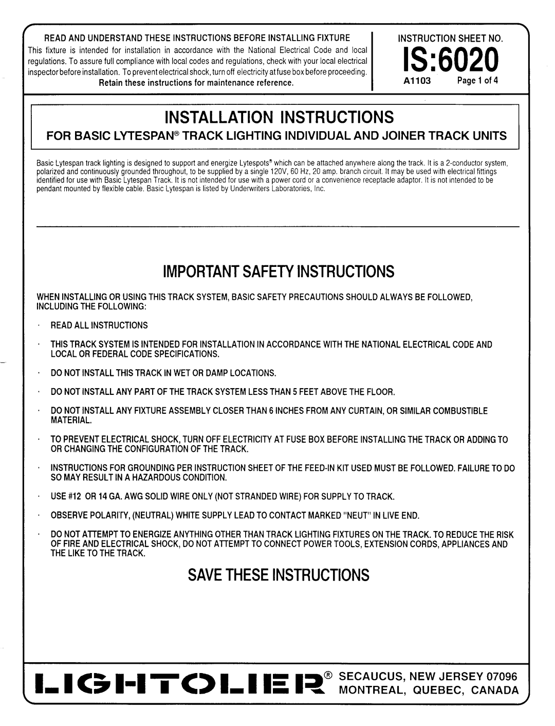 Lightolier 6020T installation instructions 1-1 51-1 TC L I E 1?”i%iEL & sWRR, Is, Installation Instructions 