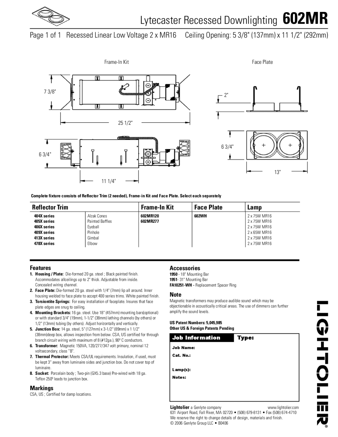 Lightolier manual Lytecaster Recessed Downlighting 602MR, 1 of 1 Recessed Linear Low Voltage 2 x MR16 
