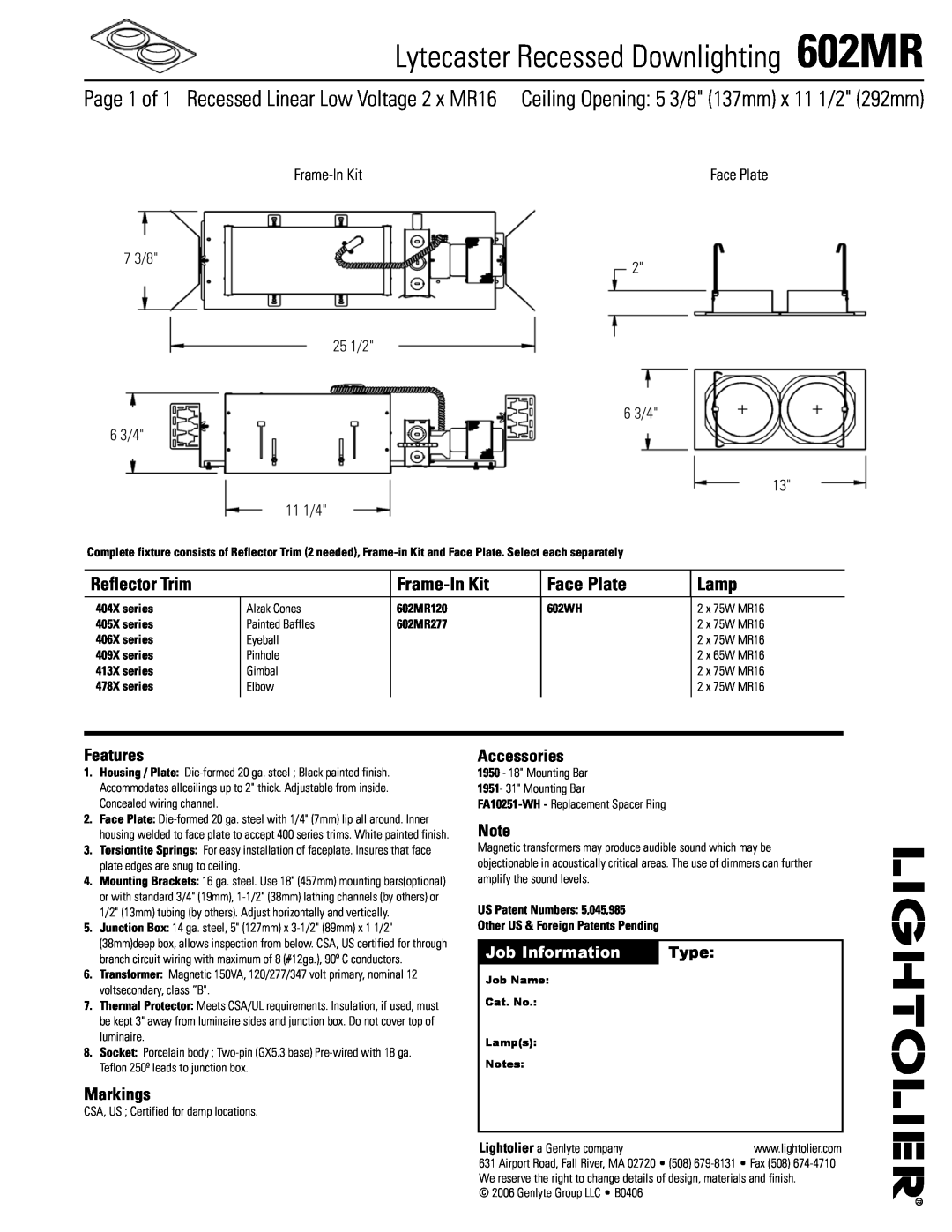 Lightolier manual Lytecaster Recessed Downlighting 602MR, Page 1 of 1 Recessed Linear Low Voltage 2 x MR16, Frame-InKit 