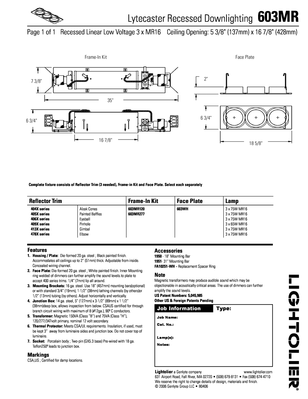Lightolier manual Lytecaster Recessed Downlighting 603MR, Page 1 of 1 Recessed Linear Low Voltage 3 x MR16, Frame-InKit 