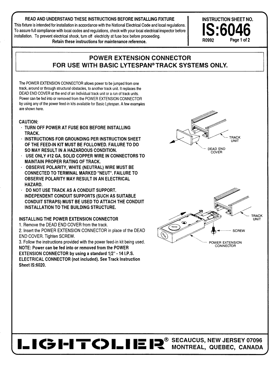 Lightolier 6046 instruction sheet Is, 1=1 iC L I E R“ EWAH?!!WEY%Y, Power Extension Connector 