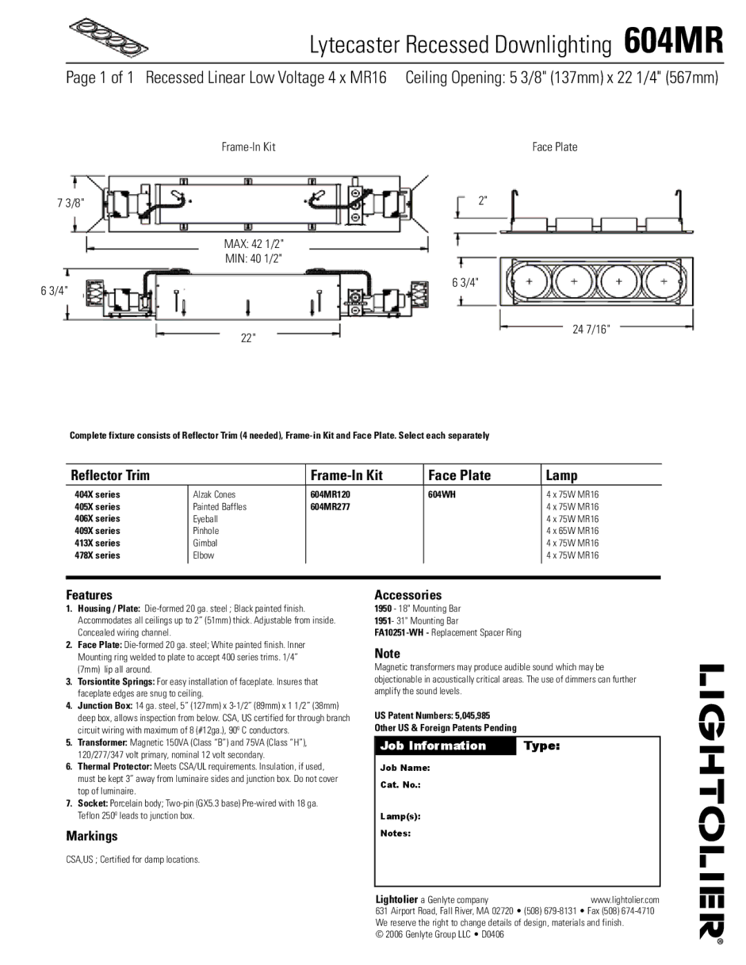 Lightolier manual Lytecaster Recessed Downlighting 604MR, Reflector Trim Frame-In Kit Face Plate Lamp, Features 