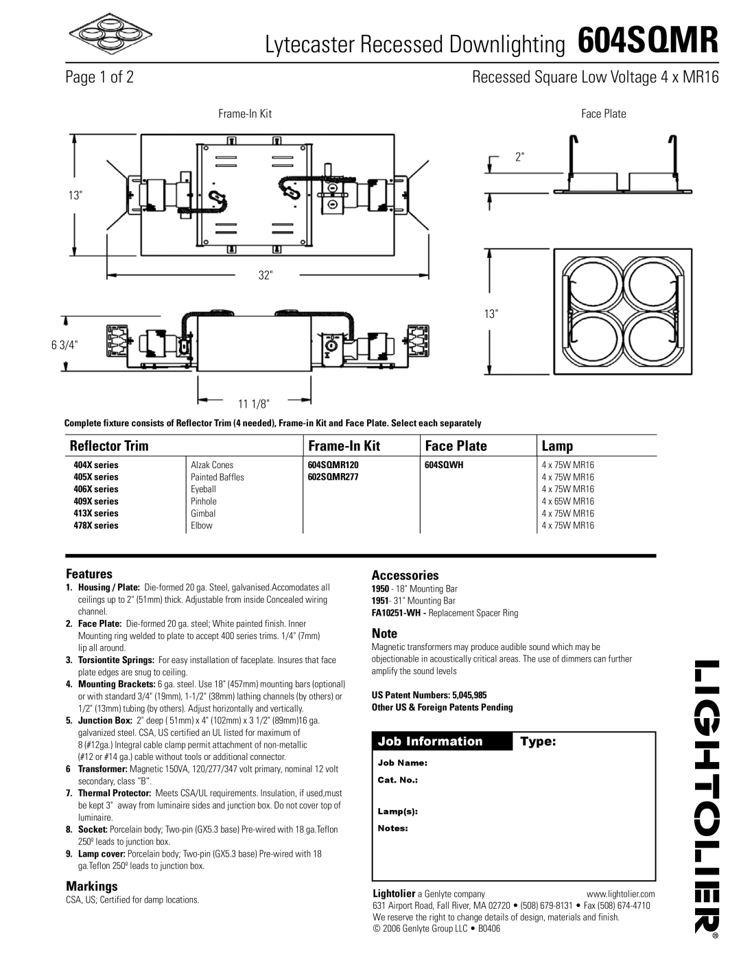 Lightolier manual Lytecaster Recessed Downlighting 604SQMR, Reflector Trim Frame-In Kit Face Plate Lamp, Features 