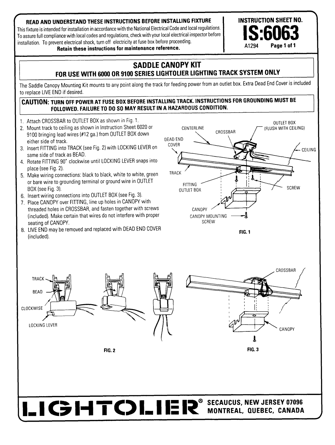Lightolier instruction sheet IS6063, BOX see Fig, Outletbox, Cover Track Fittingi Canopy Canopy Mounting Screw 