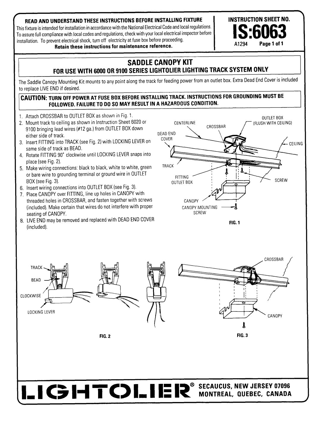 Lightolier 6063 instruction sheet I C H TC L I E 1? iN = f, Is, Saddle Canopy Kit, Instructionsheet No 