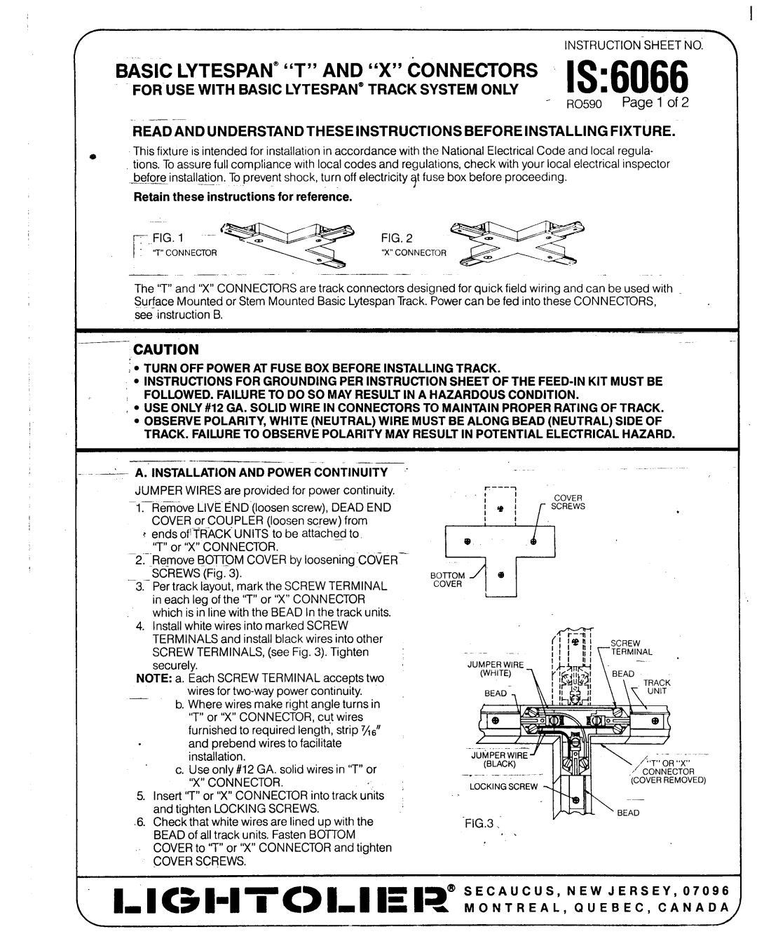 Lightolier 6066 instruction sheet For Use With Basic Lytespan” Track System Only “ 