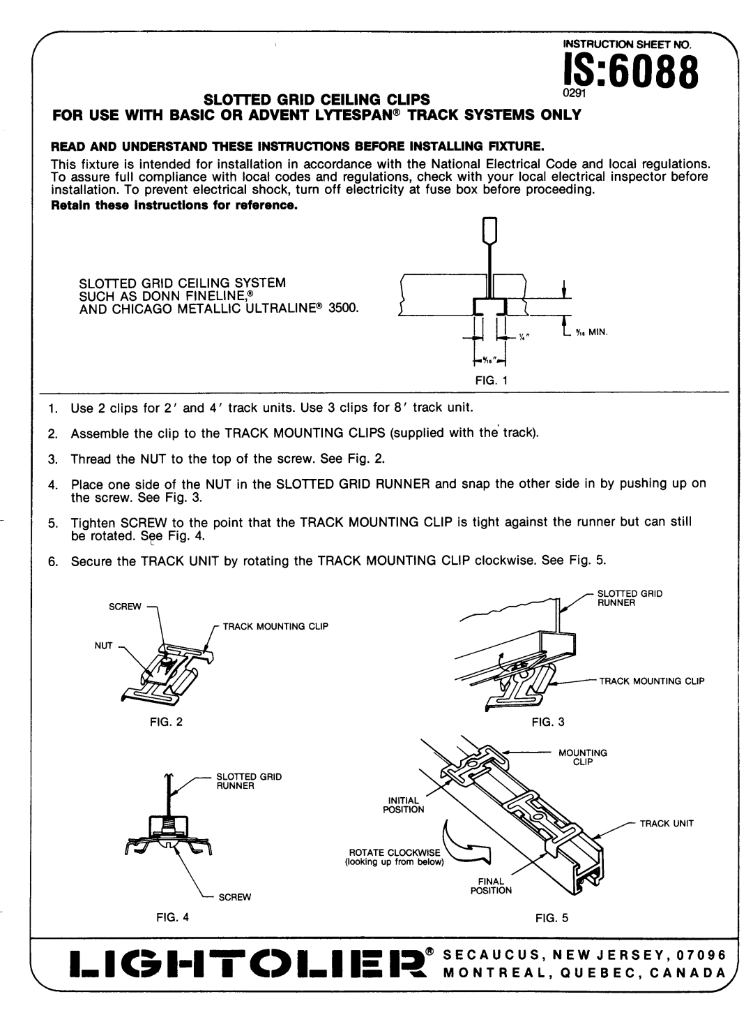 Lightolier manual IS6088, Sloited Grid Ceiling Clips, For USE with Basic or Advent L~ESPAN Track Systems only 
